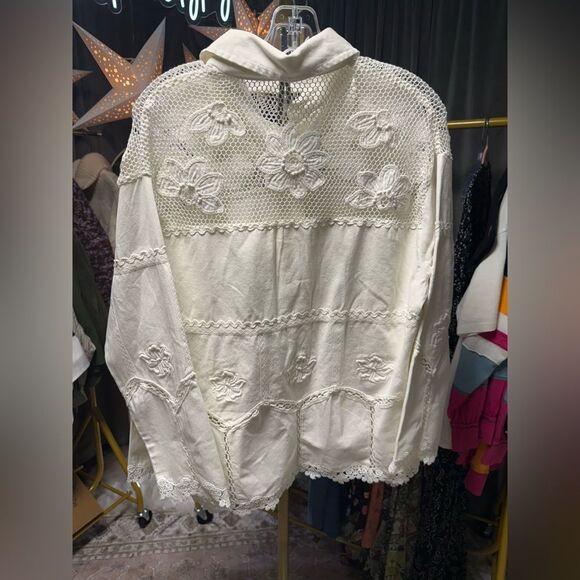 Anthropologie Crochet Scallop Hem Shirt Jacket in Ivory NWOT - Picture 6 of 8